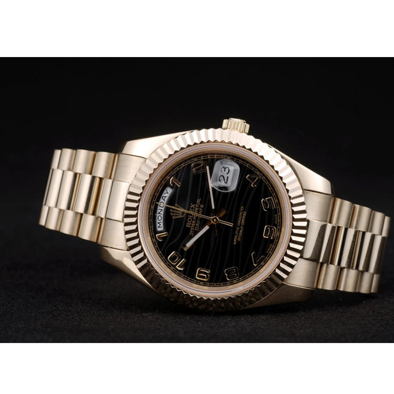 MiroTime 1024 Rolex Swiss DayDate Gold Stainless Steel Ribbed Bezel Black Dial 41998